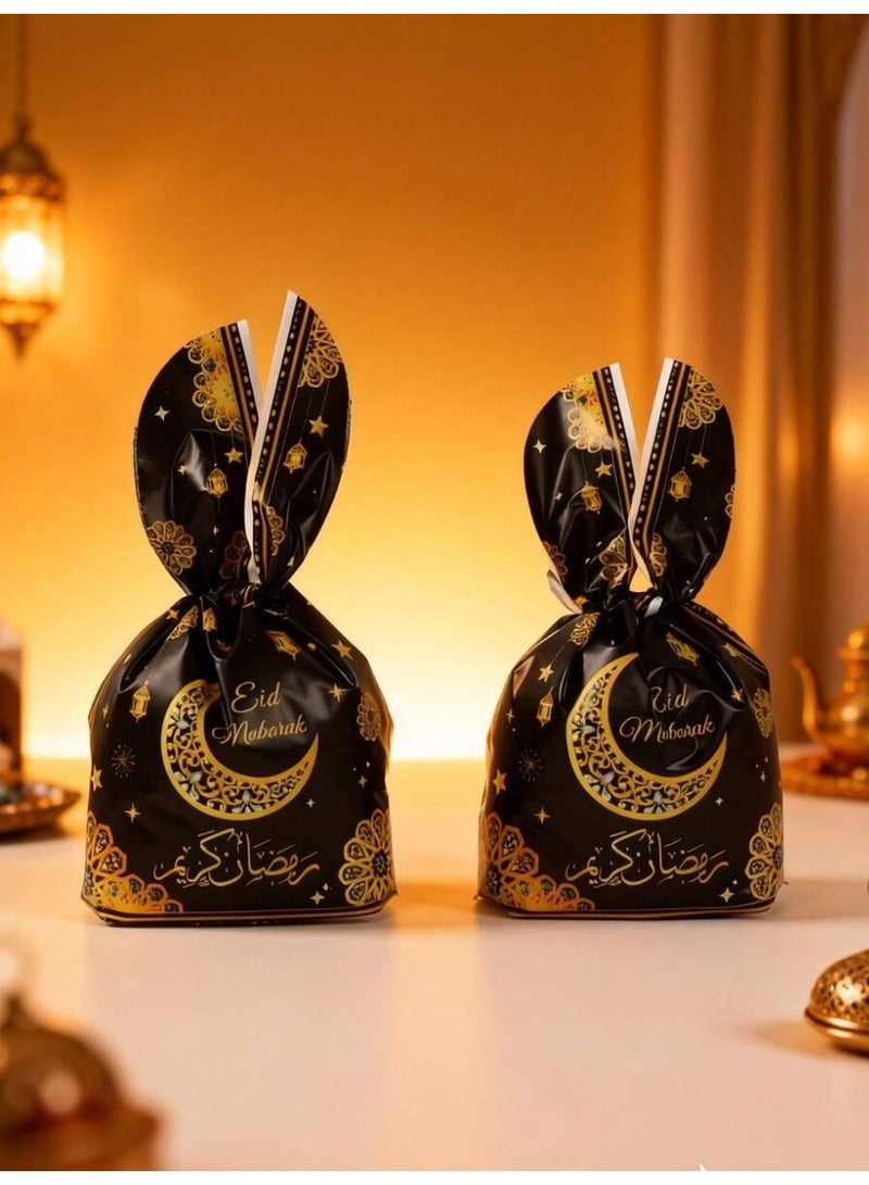 Ramadan & Eid Party Favors – 25pcs Black Gift Wrapping Bags with Crescent Star “Eid Mubarak / Ramadan Kareem” Design for Candy and Decorations - Image 1